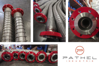 Stainless corrugated steel hoses reinforced with springs and flanges red by Pathel